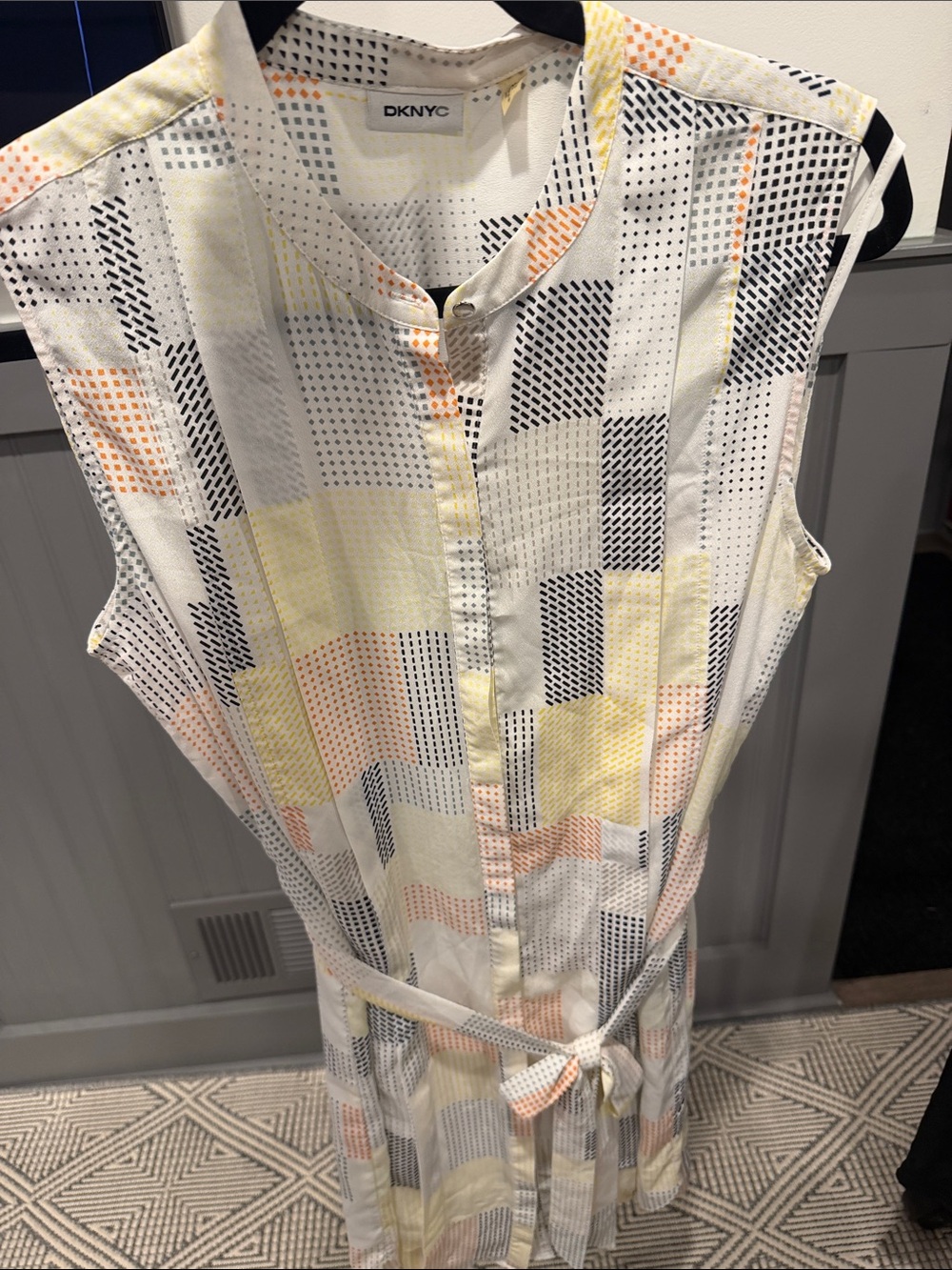 DKNYC Sleeveless Tie-Waist Mini Dress in White, Yellow & Peach